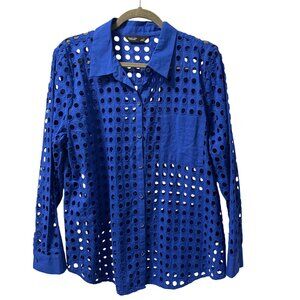 Simply Vera Vera Wang Blue Eyelet Long Sleeve Button-Up Shirt Sz L Sheer